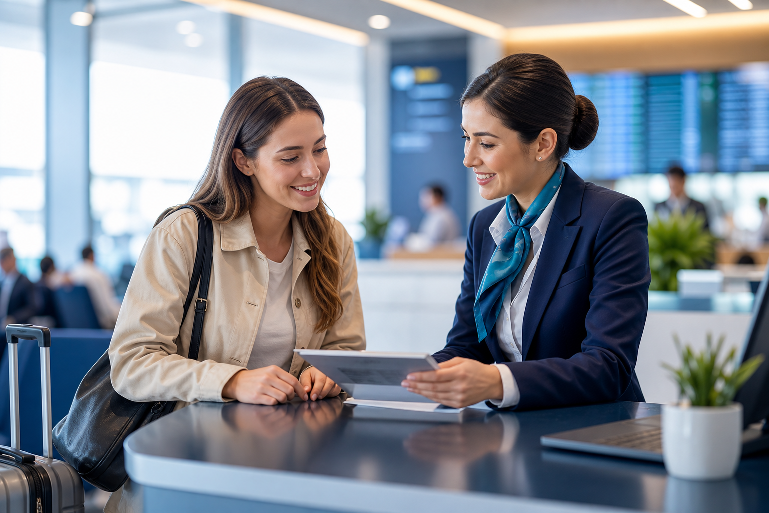 Travel consultant helping a customer at the airport